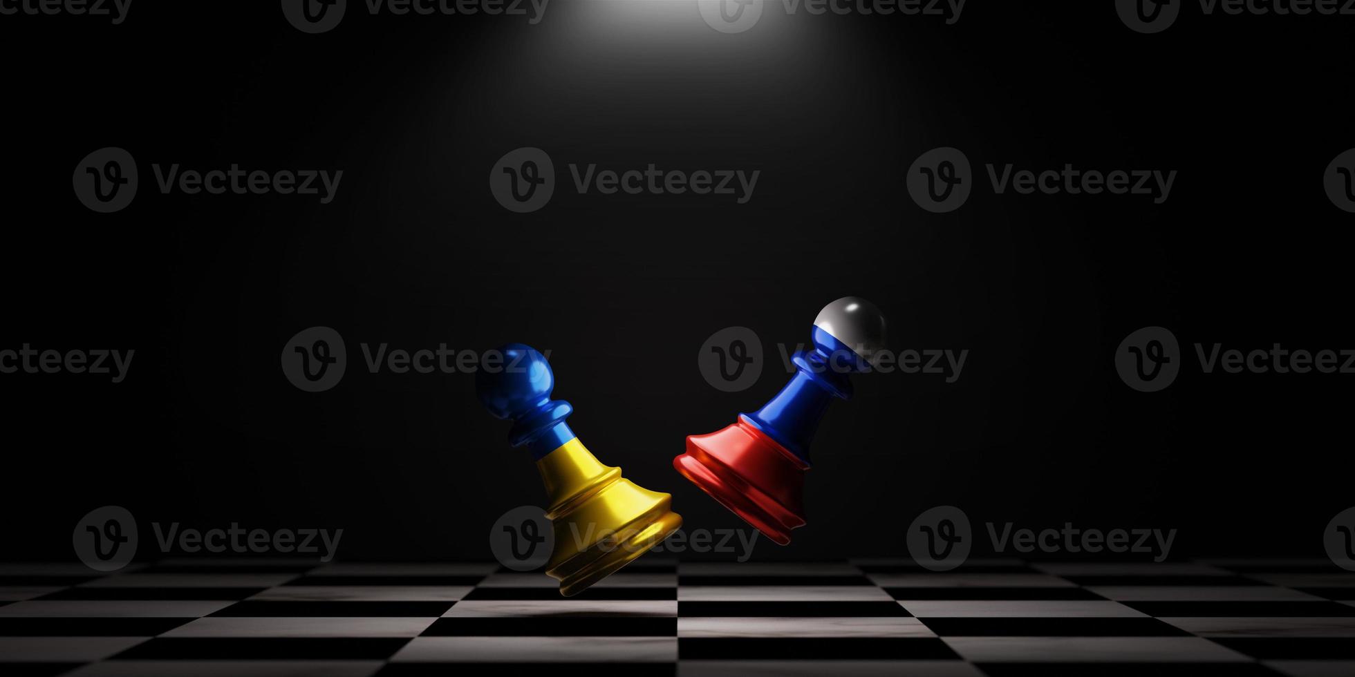 Pawn chess Battle between Ukraine and Russia on chess board for political conflict and war concept by 3d rendering technique. photo
