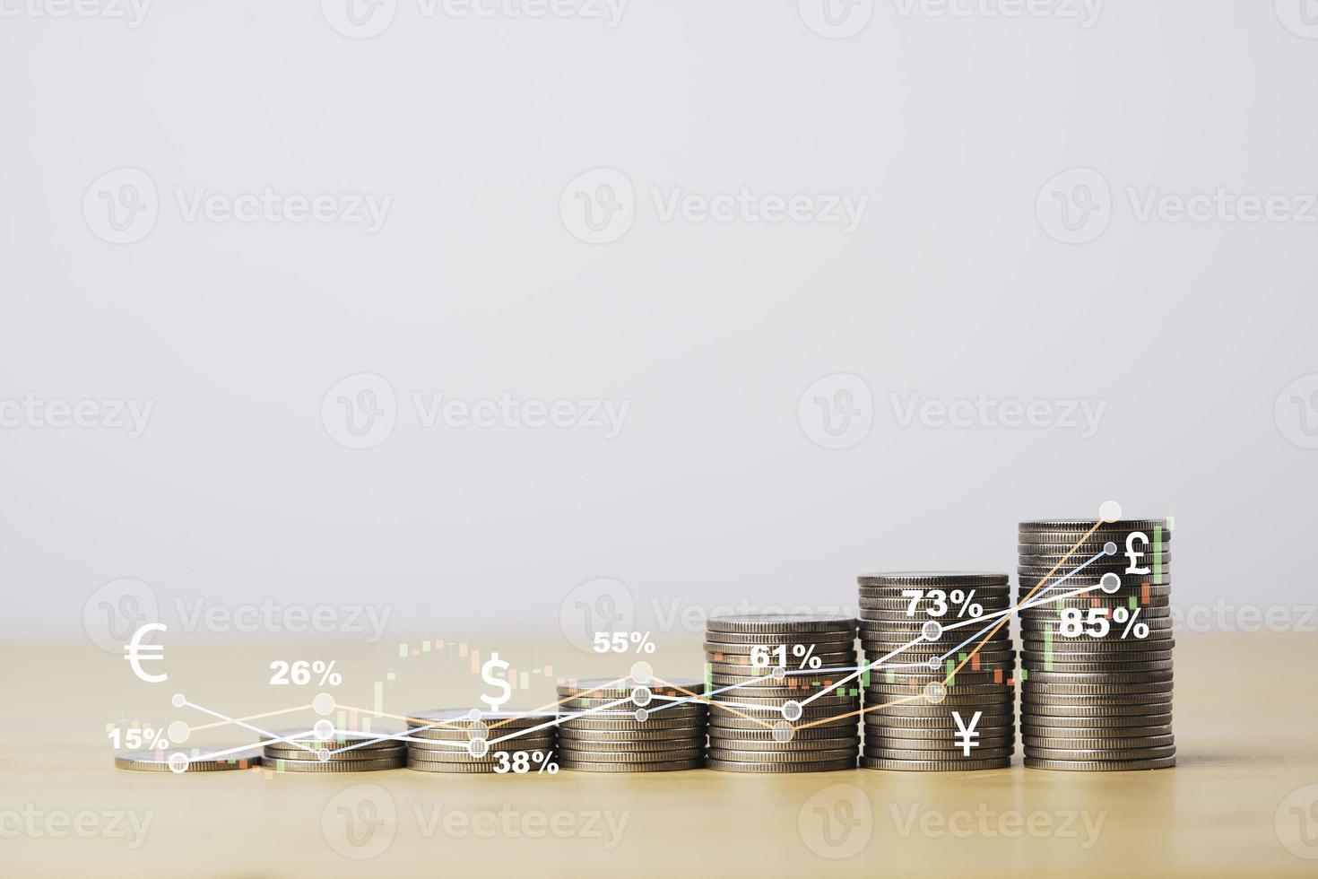 Growth of Coins stacking with stock market graph chart and currency sign for saving and business profit increasing concept. photo