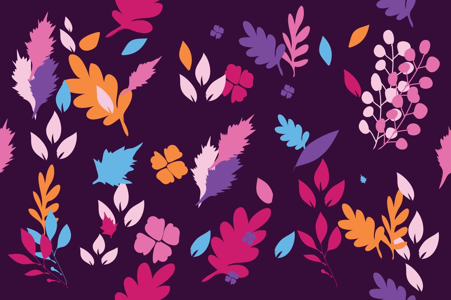 flor de jardín, plantas, flores tropicales y hojas. flores de colores sobre fondo morado oscuro, ilustración vectorial vector