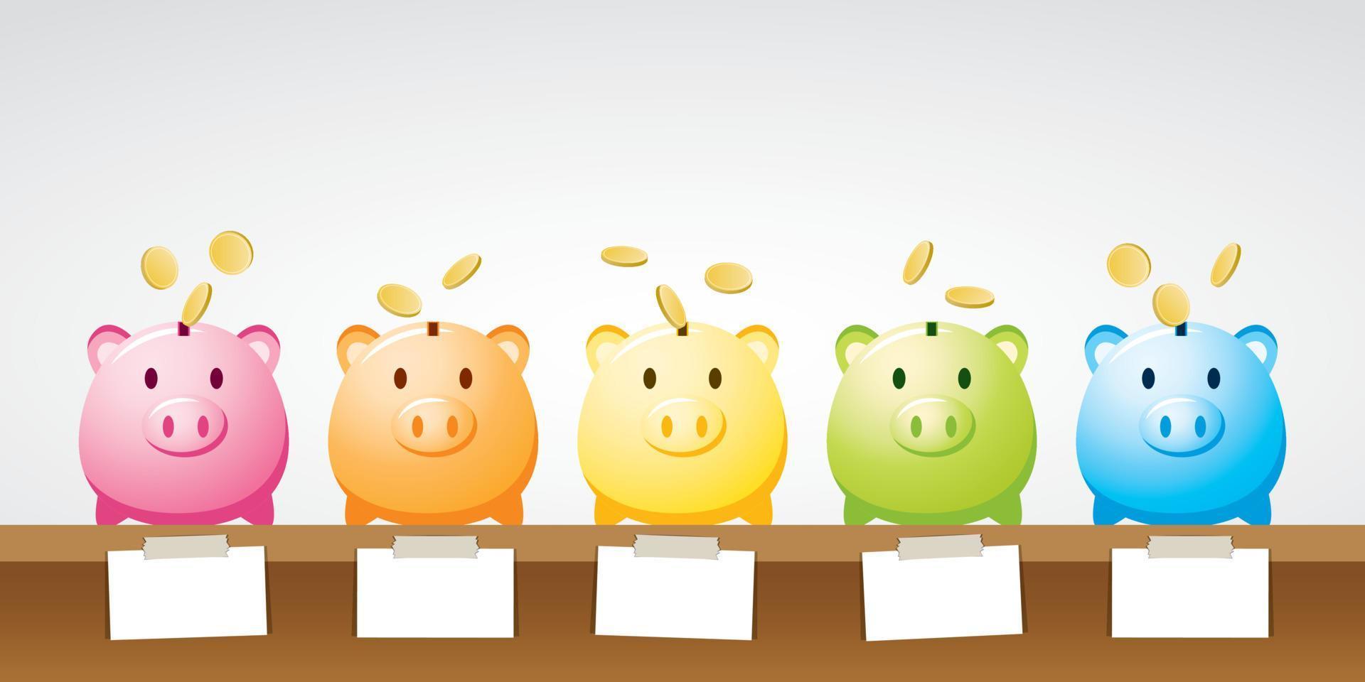 cute and colorful piggy banks with note paper illustration vector. vector