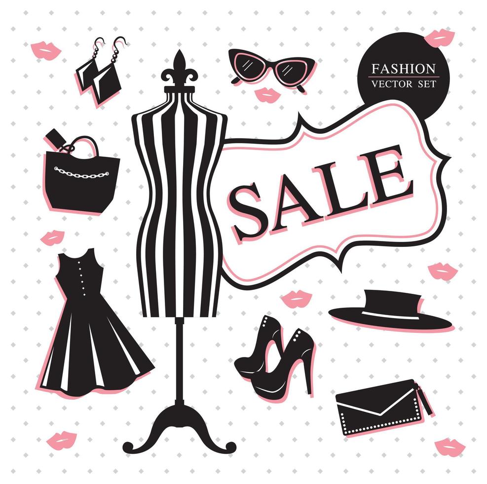 Black and white striped mannequin with fashion items vector set on dot background