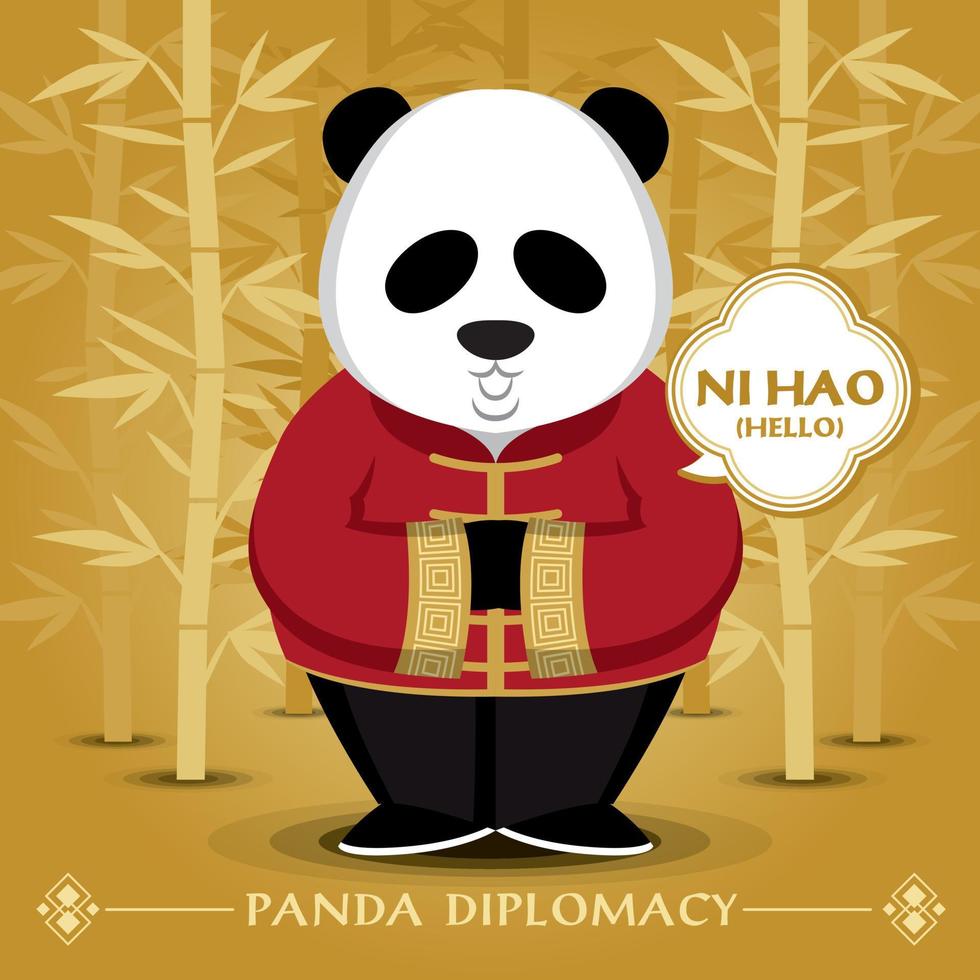 panda wears traditional costume and says hello in Chinese language. vector