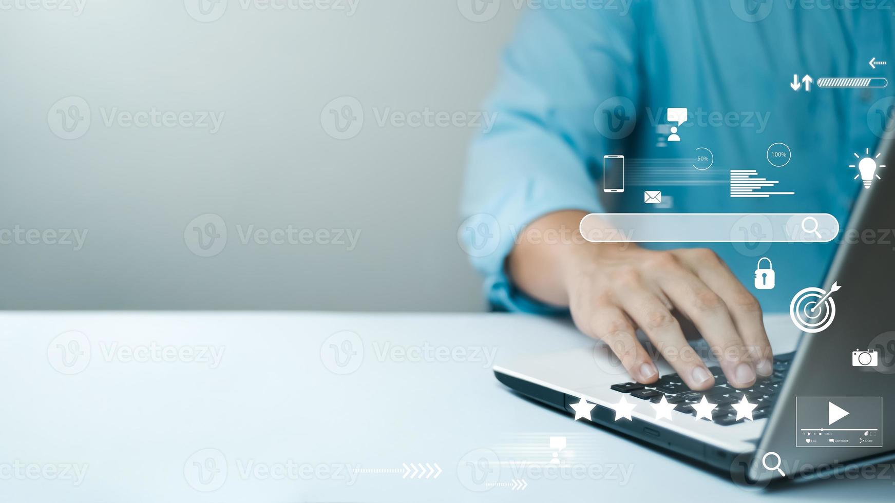 businessman Are working on the laptop keyboard to use the search engine optimization tool. To find customers or promote and advertise on online content for technology, marketing and business concept. photo