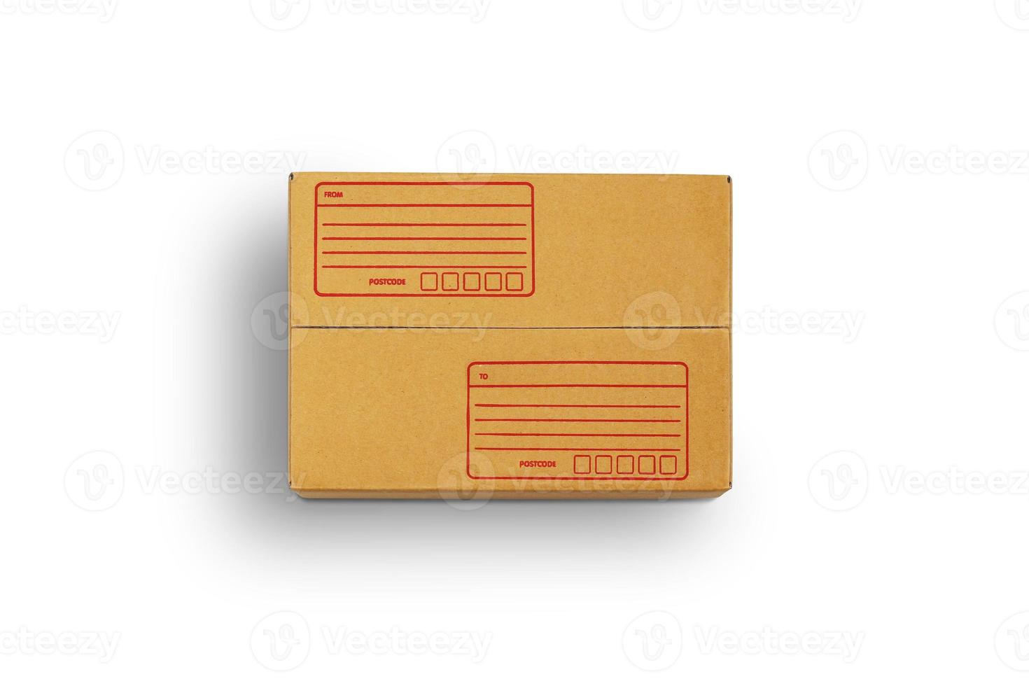 Top view of carton isolated on a white background with clipping path. Brown cardboard delivery box with address space. photo