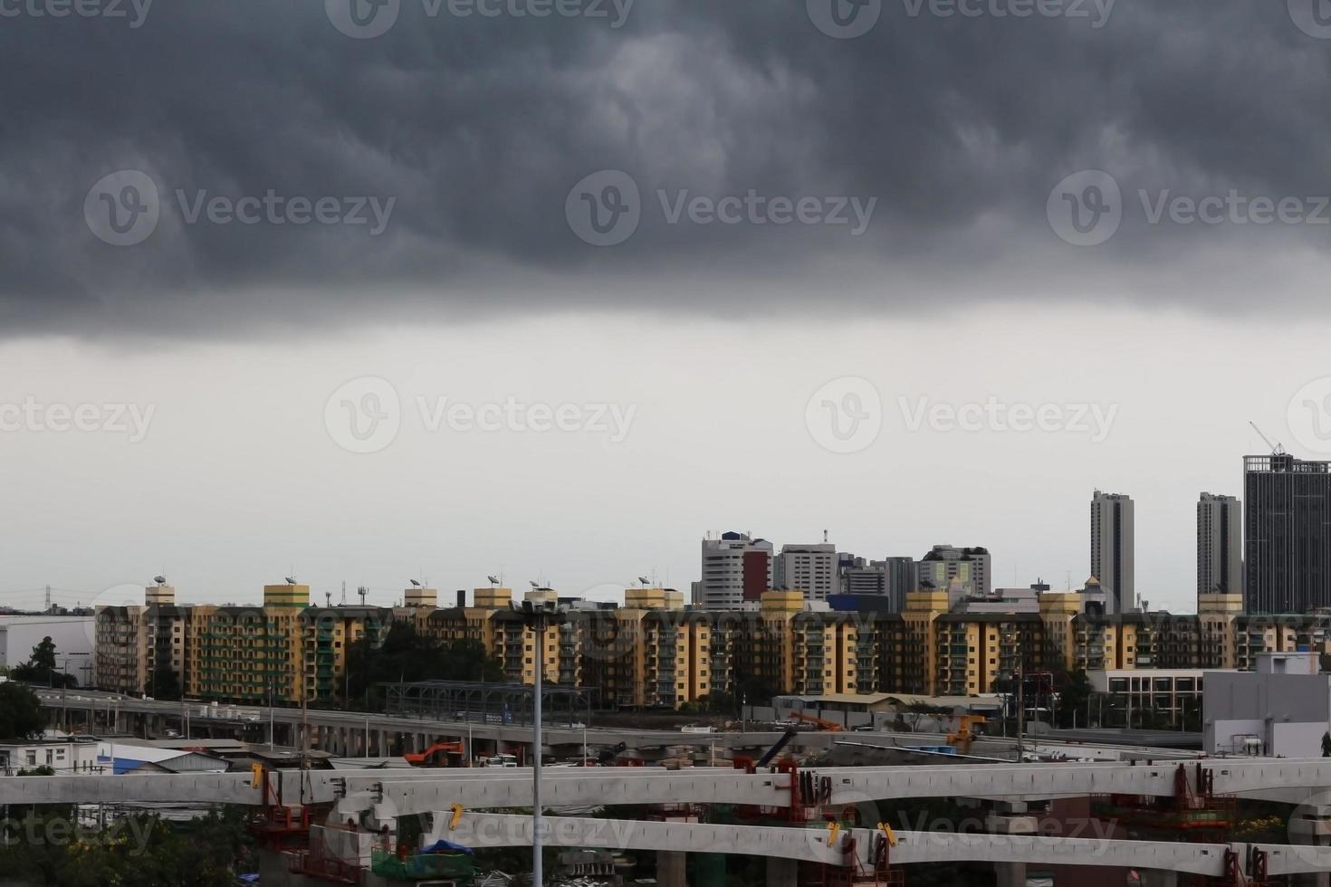 Rain clouds are covering the sky in the city. Raincloud background. photo