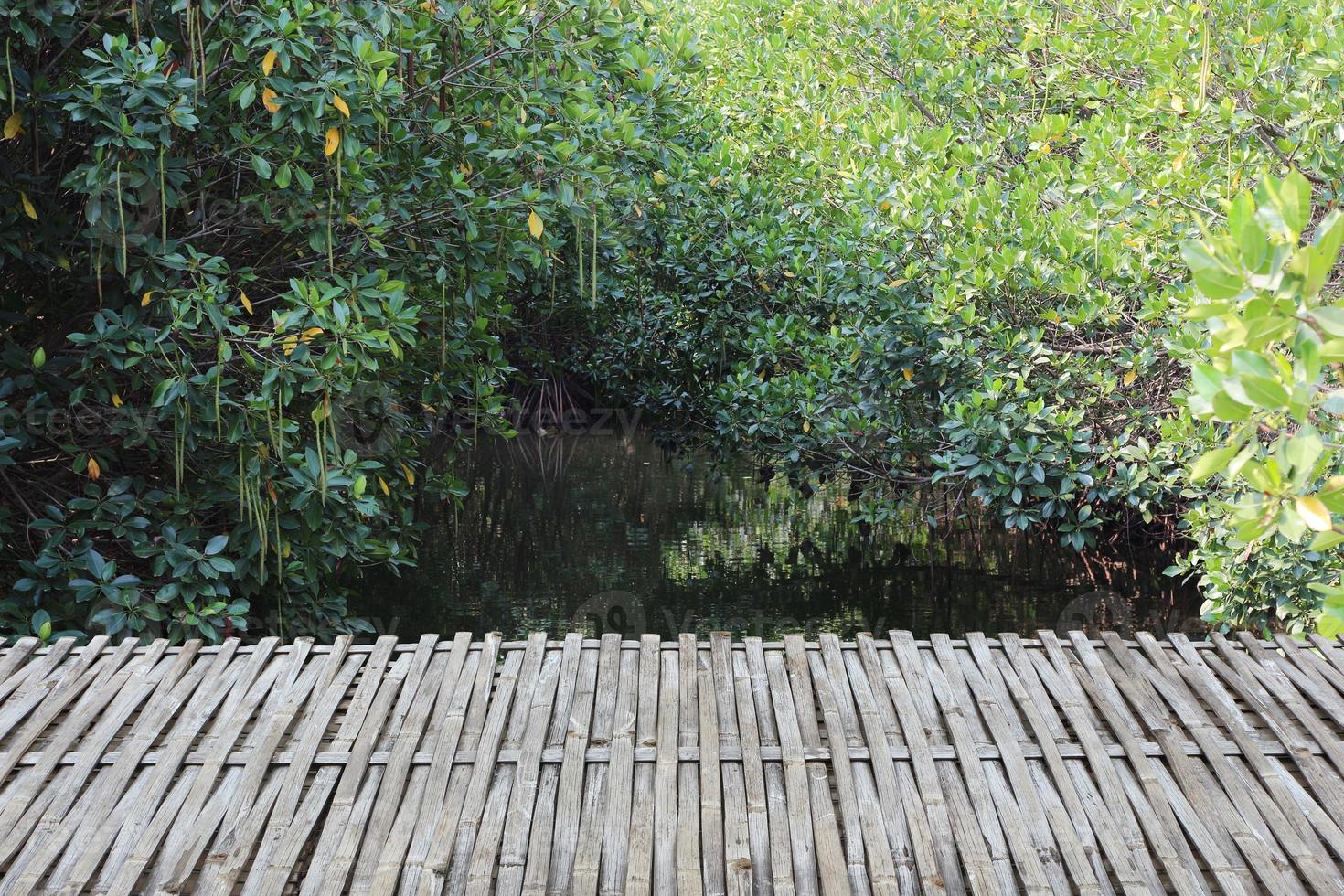 Empty Bamboo table in front of canal in the forest background. It can be used for display or montage product. Wooden terrace of the restaurant in the garden. photo