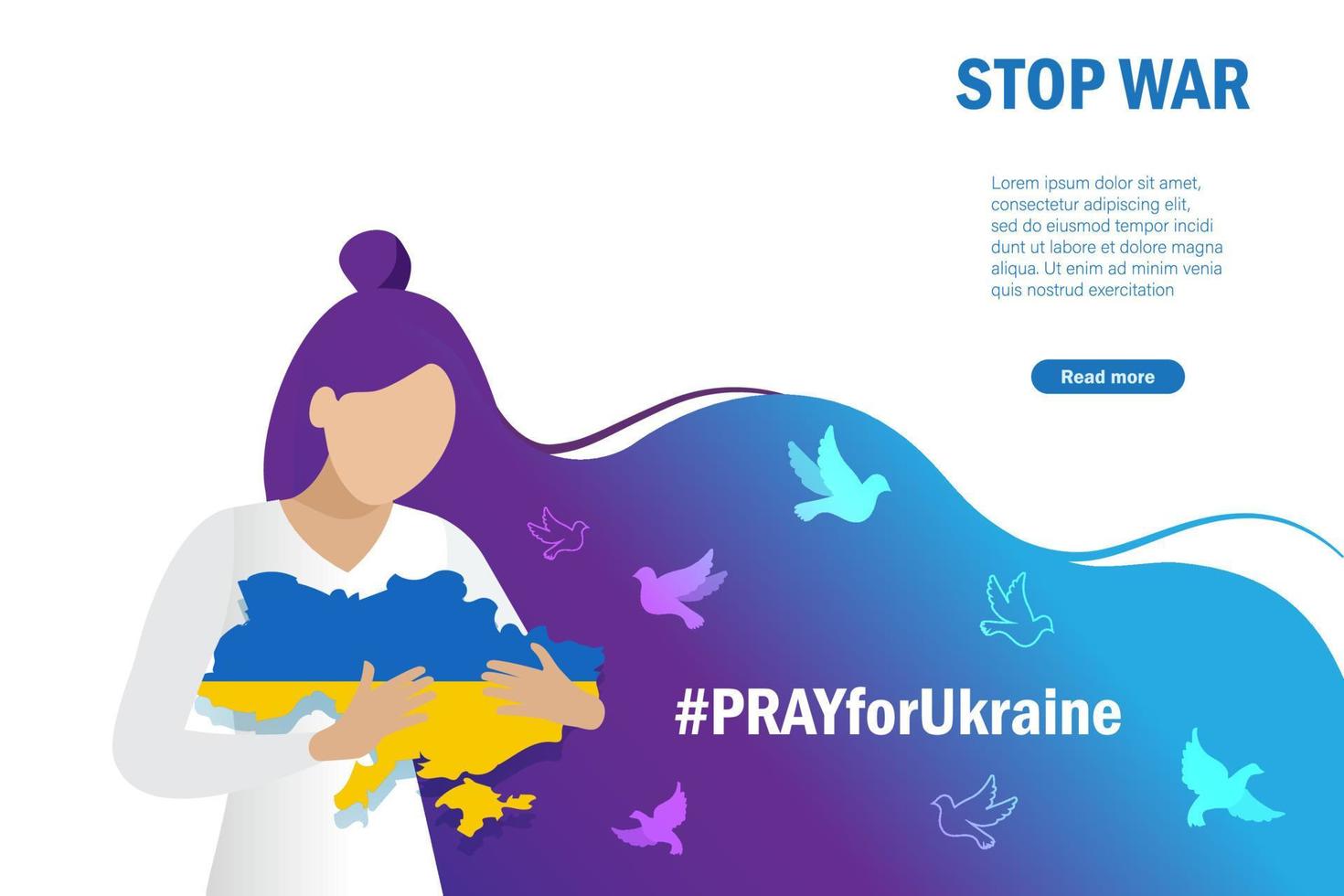 Stop war, pray for Ukraine concept. Woman holding Ukraine map with flying pigeon, symbol of peace and freedom. International protest to stop aggressive against Ukraine. vector