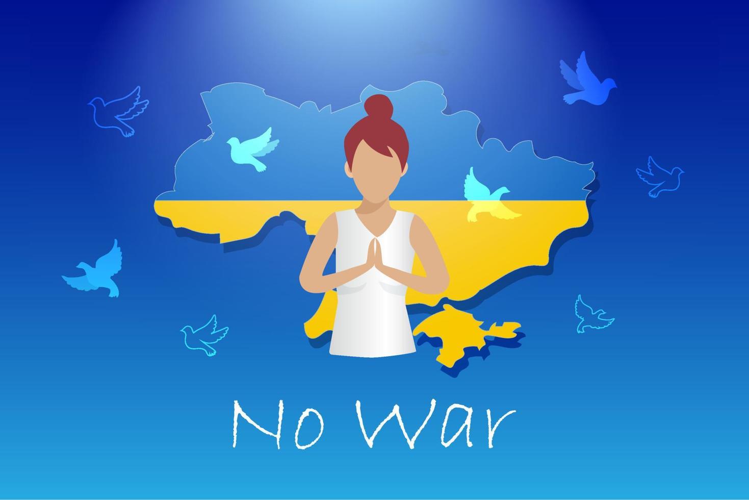 Stop war, pray for Ukraine concept. Woman praying with Ukraine map and flying pigeon, symbol of peace and freedom. International protest to stop aggressive against Ukraine. vector