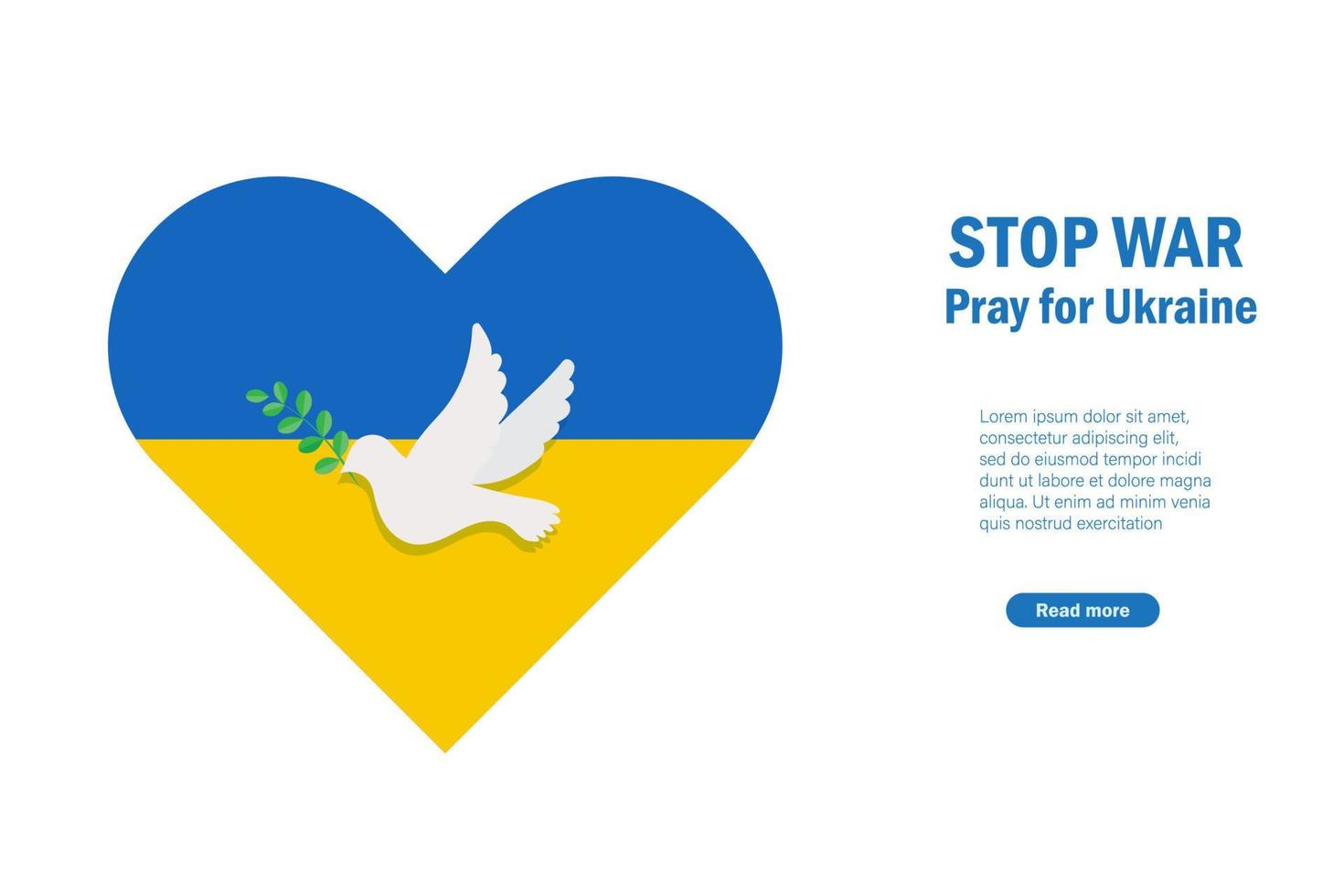 Stop war, pray for Ukraine concept. Ukraine flag in heart shape with flying pigeon, symbol of peace and freedom. International protest to stop aggressive against Ukraine. vector