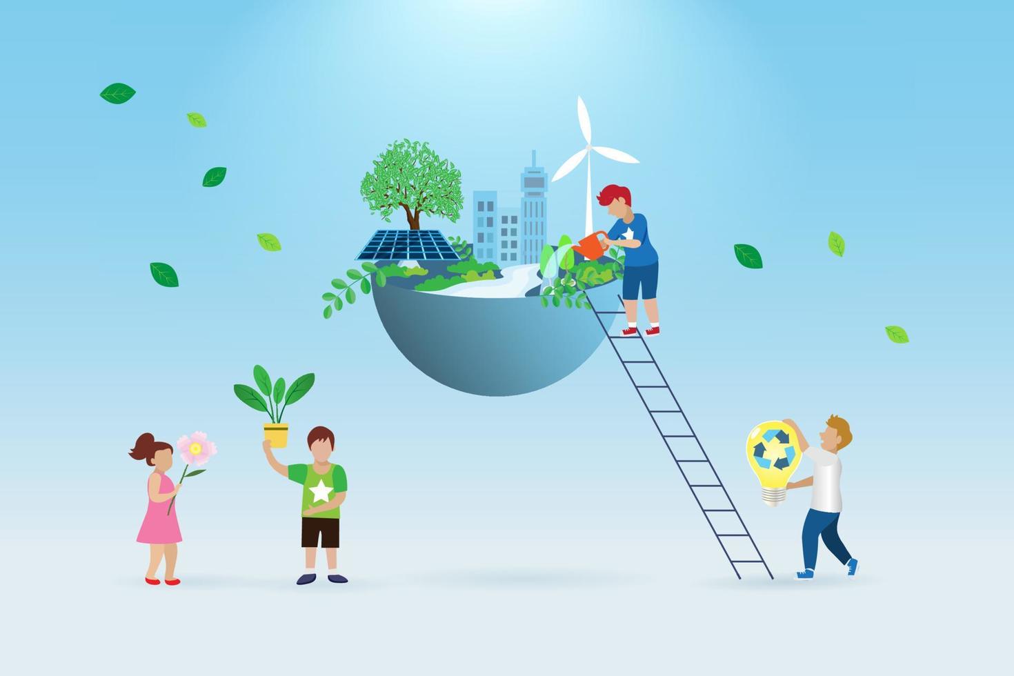 Children with virtual environmental friendly world. Earth day concept for sustainable strategy of eliminate waste and pollution, renewable and reuse natural resources in next generation. vector