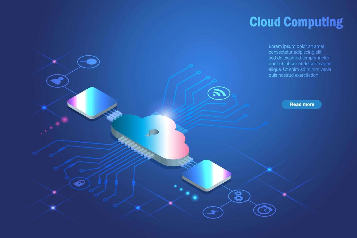 computación en la nube, carga, descarga y transferencia de archivos en el fondo futurista de la electrónica. tecnología de almacenamiento de datos en línea con servicio inteligente de protección de datos. vector