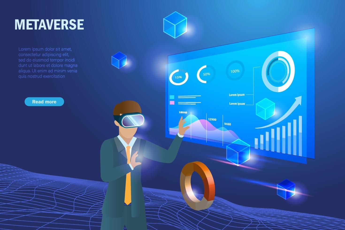 metaverso en la visualización del lugar de trabajo empresarial de realidad virtual. el hombre de negocios explora el gráfico 3d en la tecnología de metaverso para un análisis inteligente y una mejor solución. vector