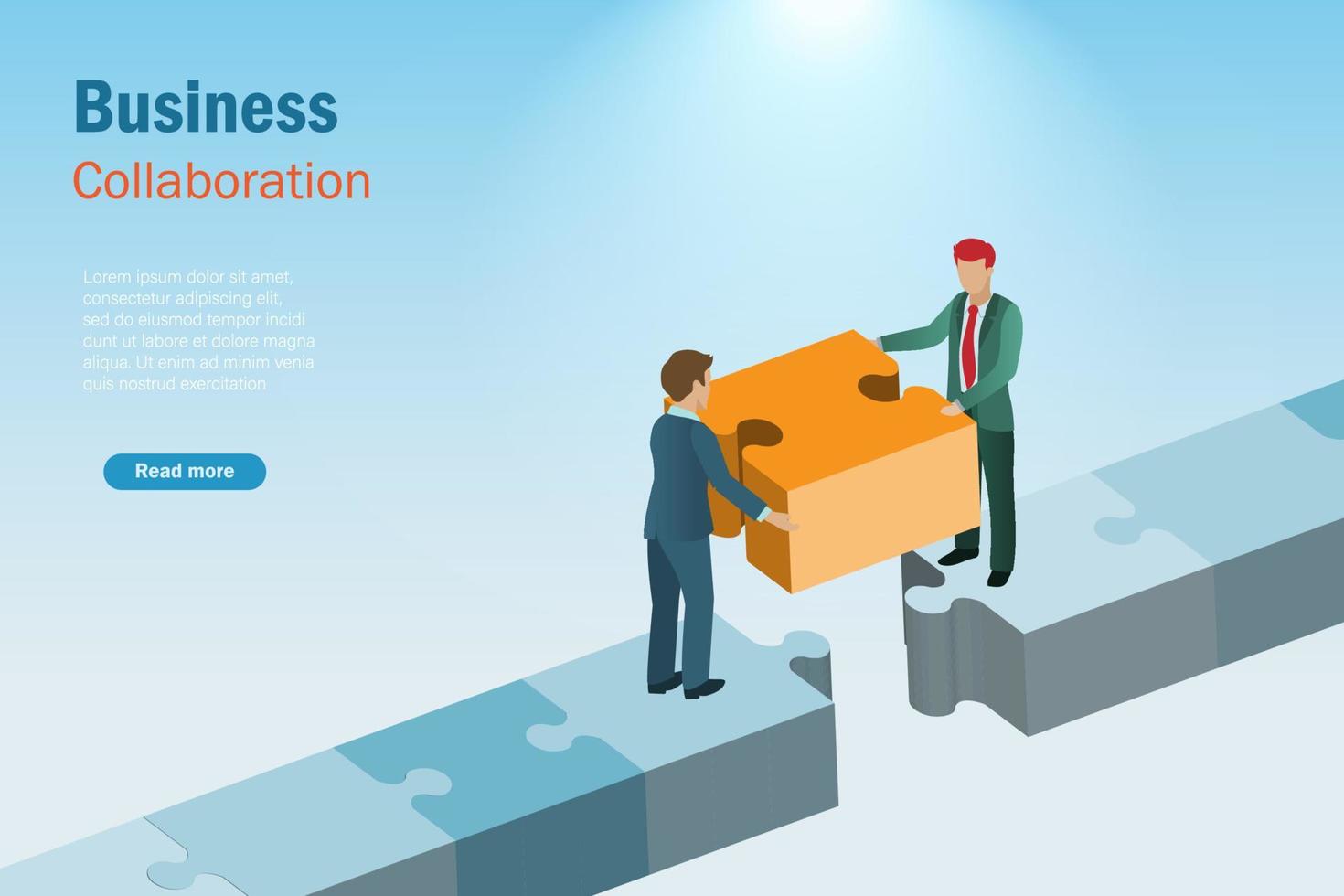 Business collaboration, partnerships, teamwork success and problem solving strategy concept. Businessman with partner connecting jigsaw puzzle to build business path to success. vector