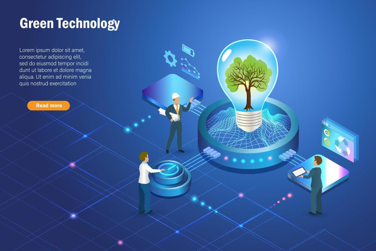 Tecnología verde. árbol que crece en bombilla con tecnología digital convergente y verde en un fondo futurista. negocio respetuoso con el medio ambiente, tecnología de innovación para un medio ambiente sostenible. vector