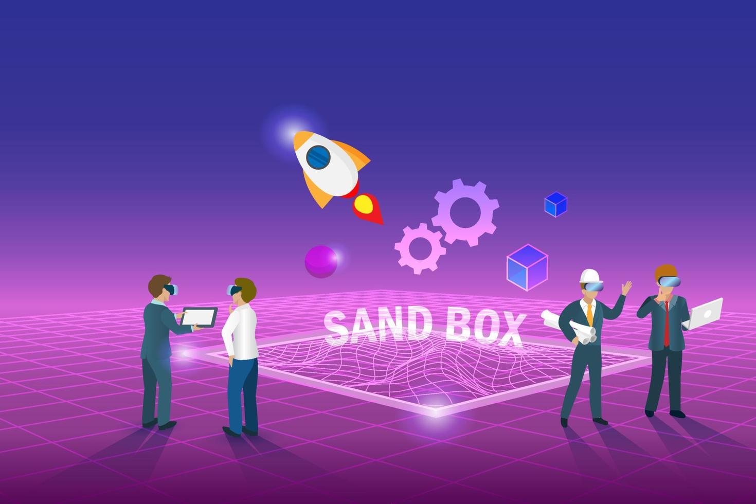 sandbox, programación de software de prueba de demostración. el equipo de ingeniería analiza el programa de experimentos virtuales en el fondo de simulación de metaverse sanbox vector