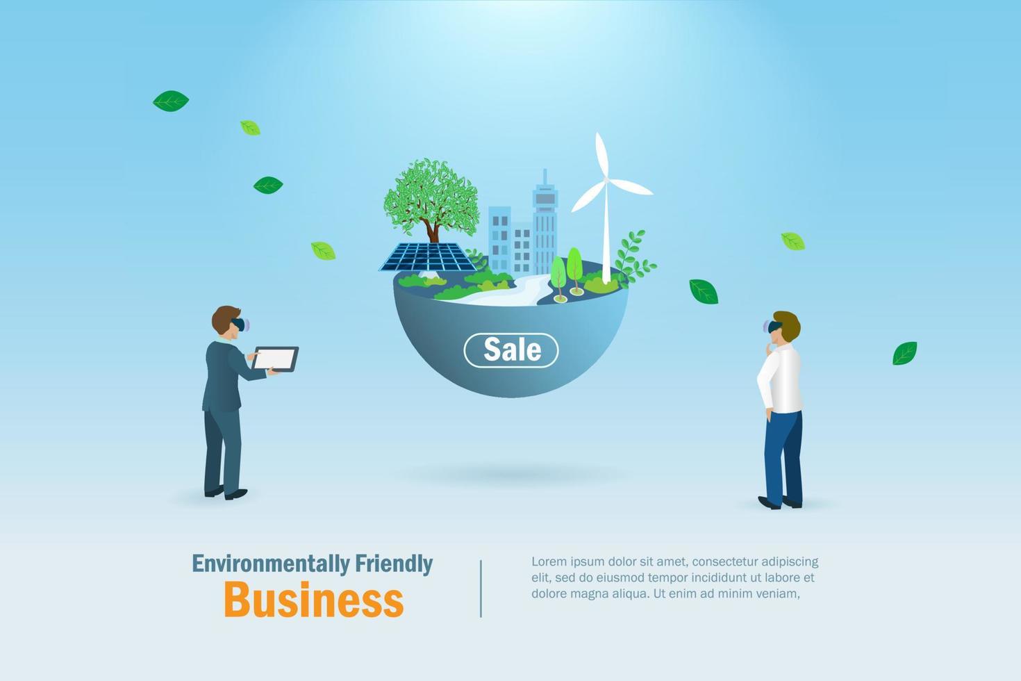 Businessman buy virtual environmental friendly land, property for sale. Metaverse real estate and property investment, financial technology in futuristic VR world. vector