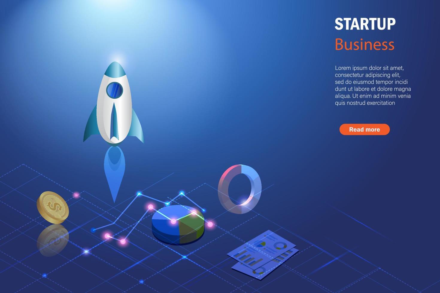 Startup business launching rocket with growth graph business report  and money. Success new business startup with financial investment analysis concept. vector