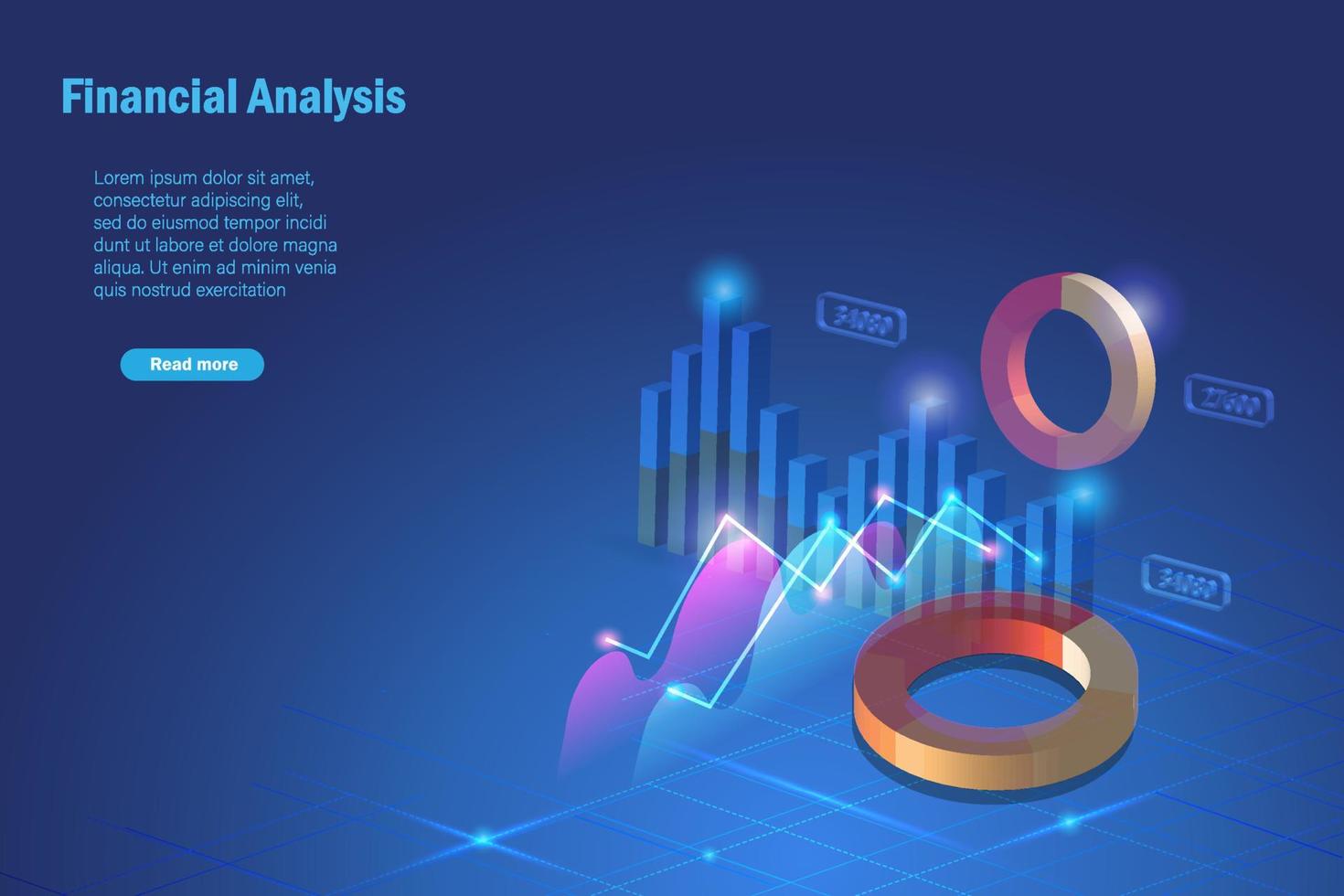 análisis financiero, inteligencia de negocios, estadísticas bursátiles. 3d analizando el gráfico de crecimiento en la pantalla de la computadora para el éxito y el logro empresarial. vector