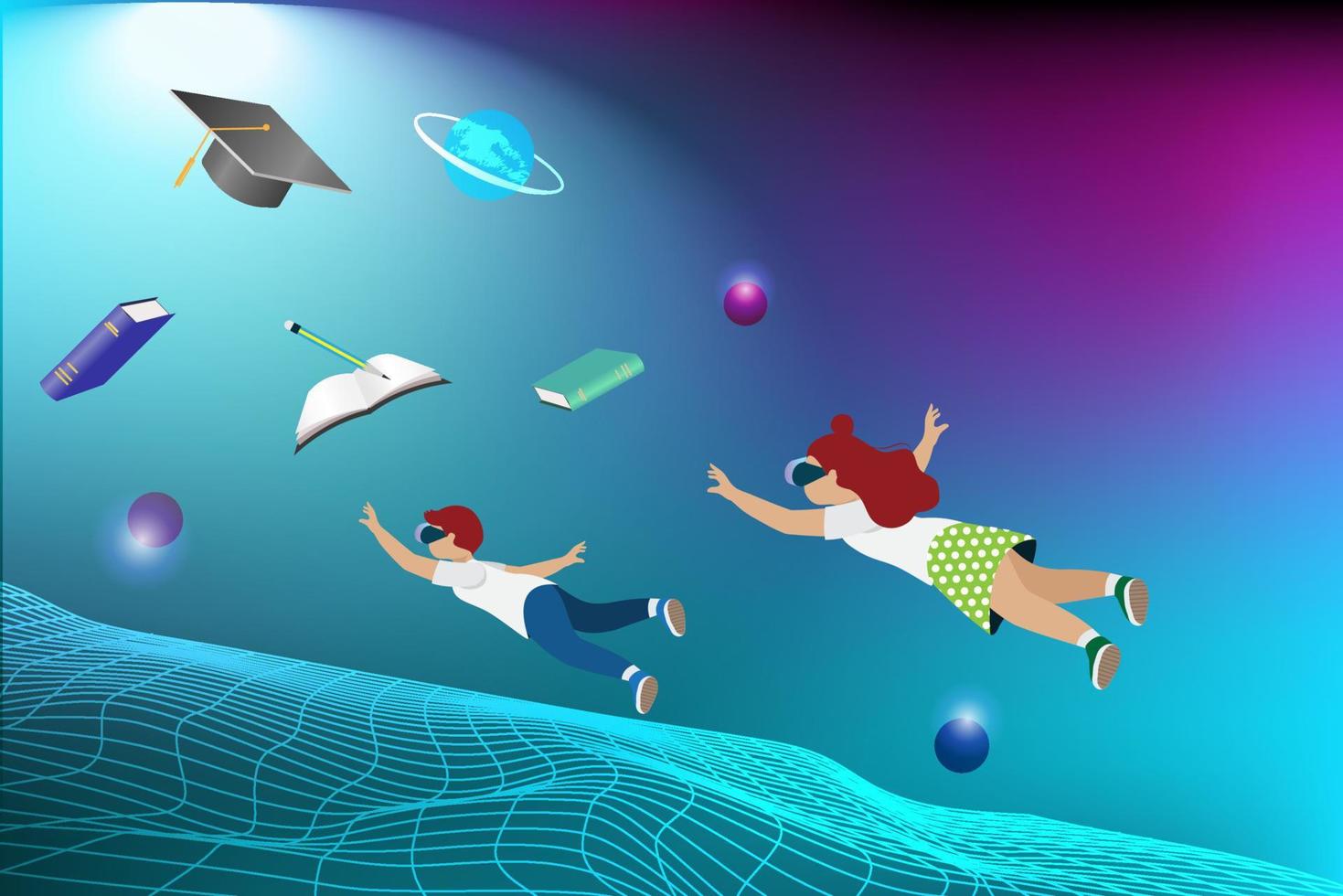Metaverse virtual  education technology. Kids wear VR goggle glass flying to experience 3D space simulation interface on smart phone screen. vector