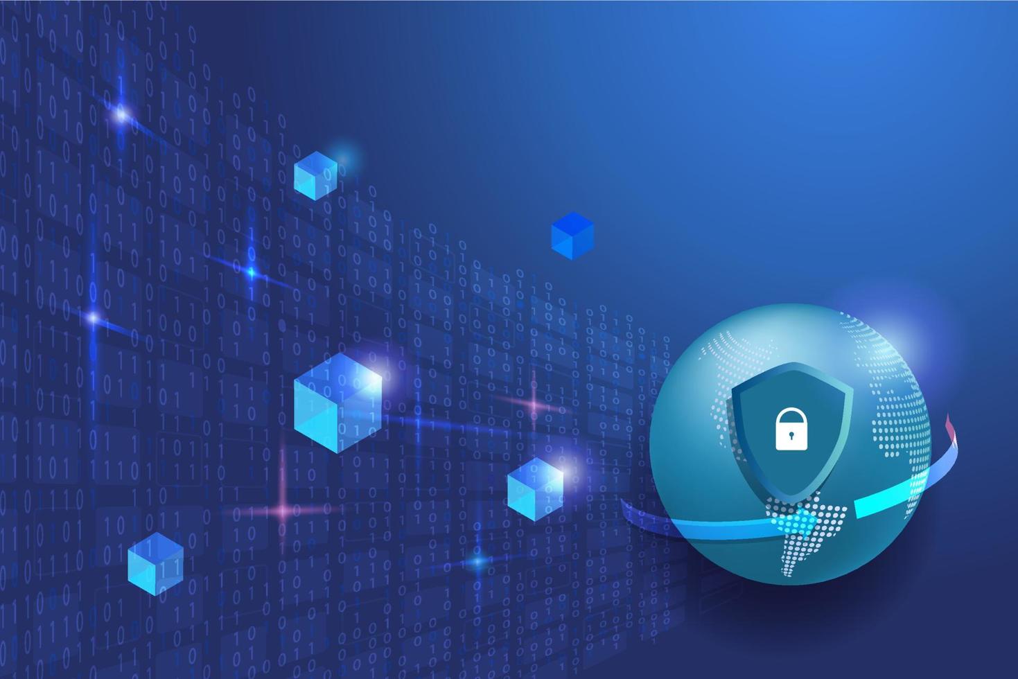 red de seguridad cibernética con tecnología de cadena de bloques, protección segura de datos del proveedor de servicios digitales. escudo y candado con conexión de red de seguridad en globo. vector