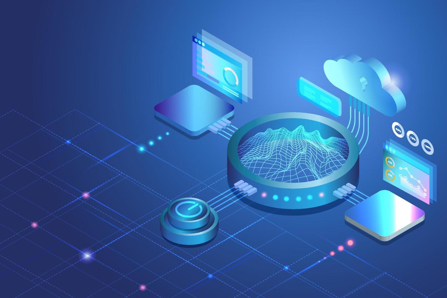 Sandbox, demo test software programing and mining cryptocurrency concept. 3D modern equipments with cloud computing  virtual experiment simulation program. vector