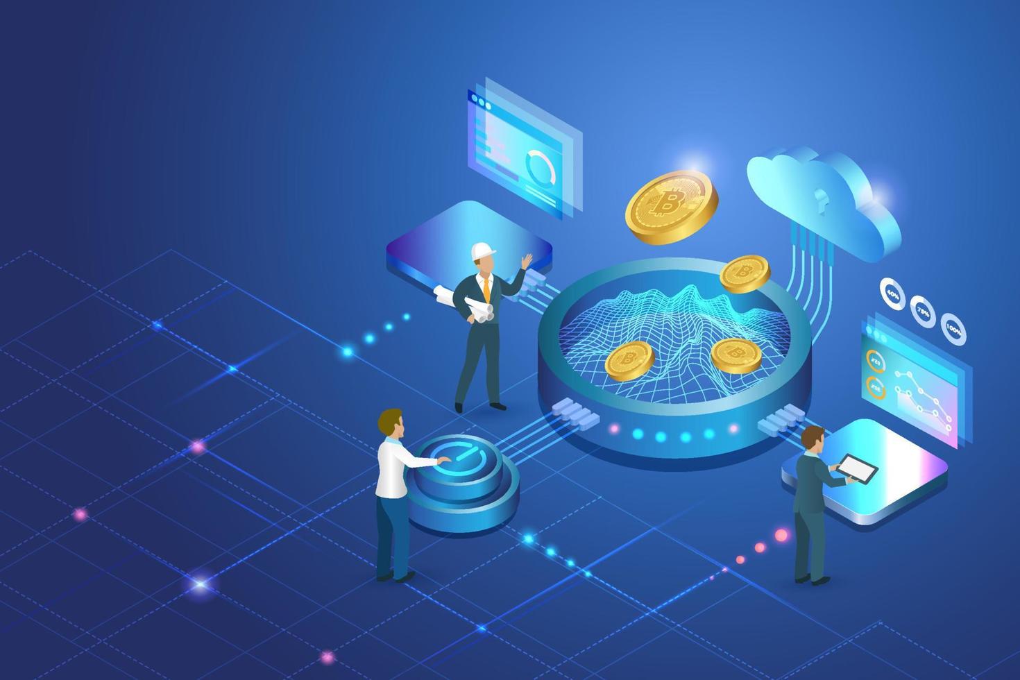 Mining crypto currency, bitcoin mining rendering system with engineering team. 3D bitoins with big data processing and cloud computing in virtual simulation program. vector