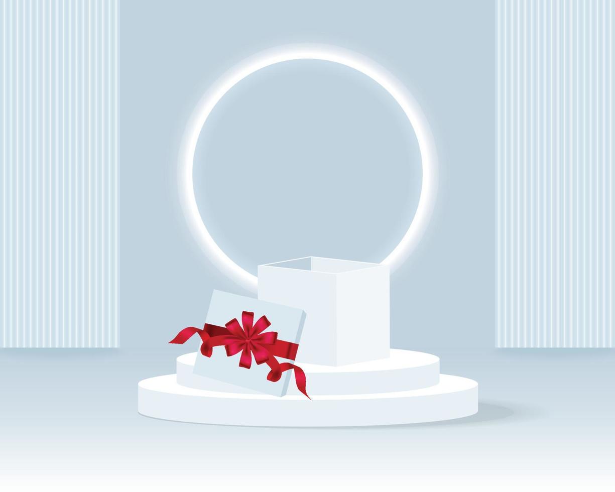 Gift box with a red bow, open the lid and put on the round stand . Vector illustration