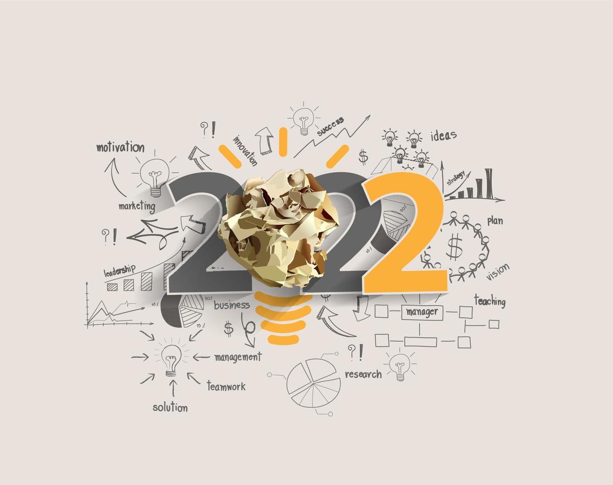 Vector 2022 new year with creativity inspiration crumpled paper ball light bulb ideas concept design, With drawing charts and graphs business success strategy plan