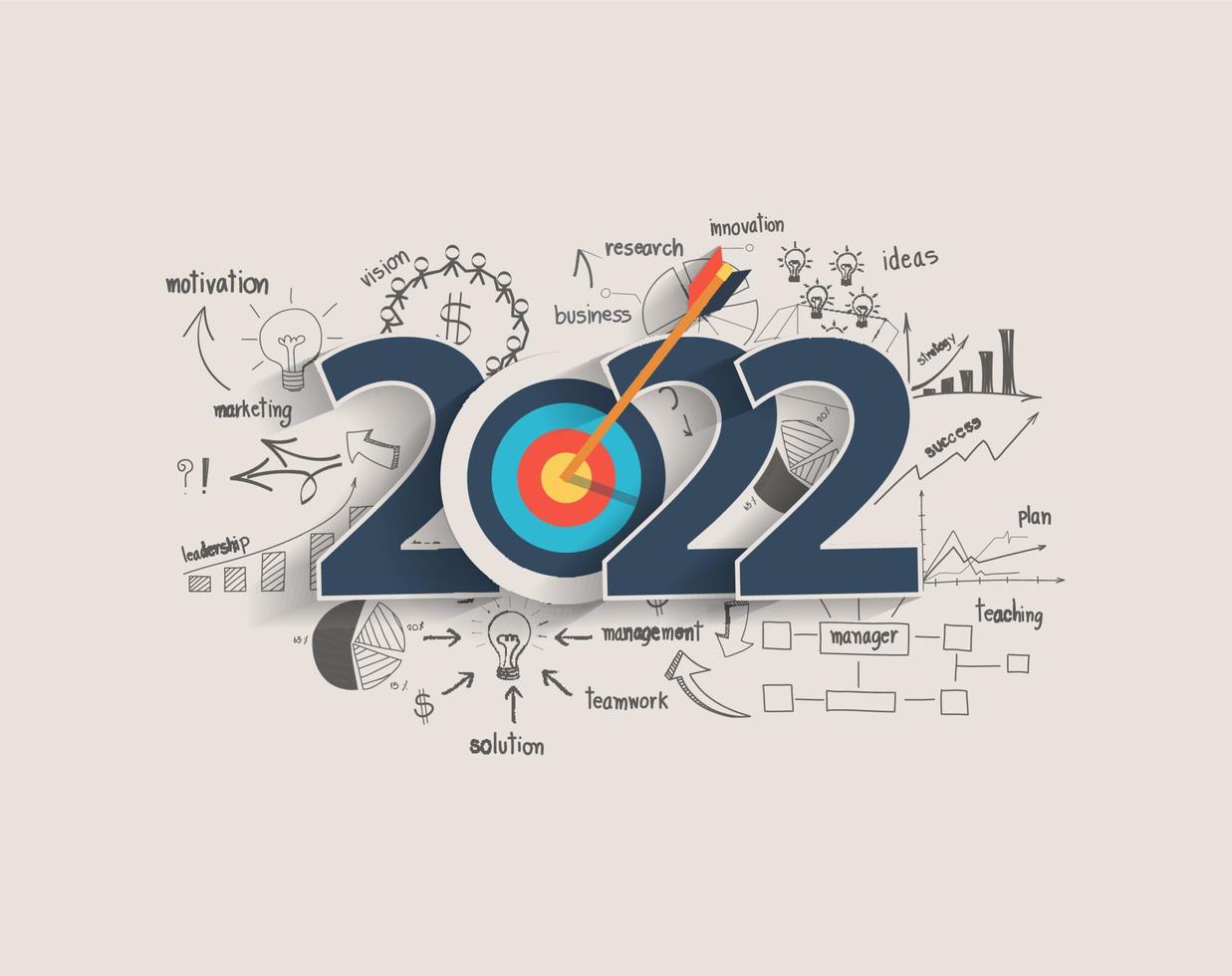 2022 concepto de audiencia objetivo de año nuevo, pensamiento creativo dibujando tablas y gráficos idea de plan de estrategia de éxito empresarial en dardo objetivo con flecha, plantilla de diseño moderno de ilustración vectorial vector
