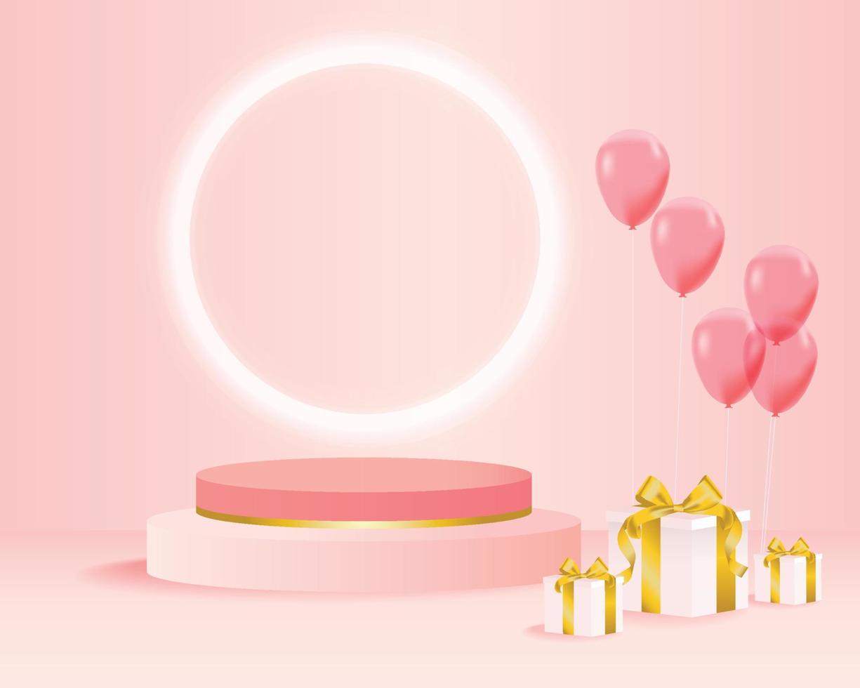 Product display podium on geometric glow. Composition design with gift box and balloons vector