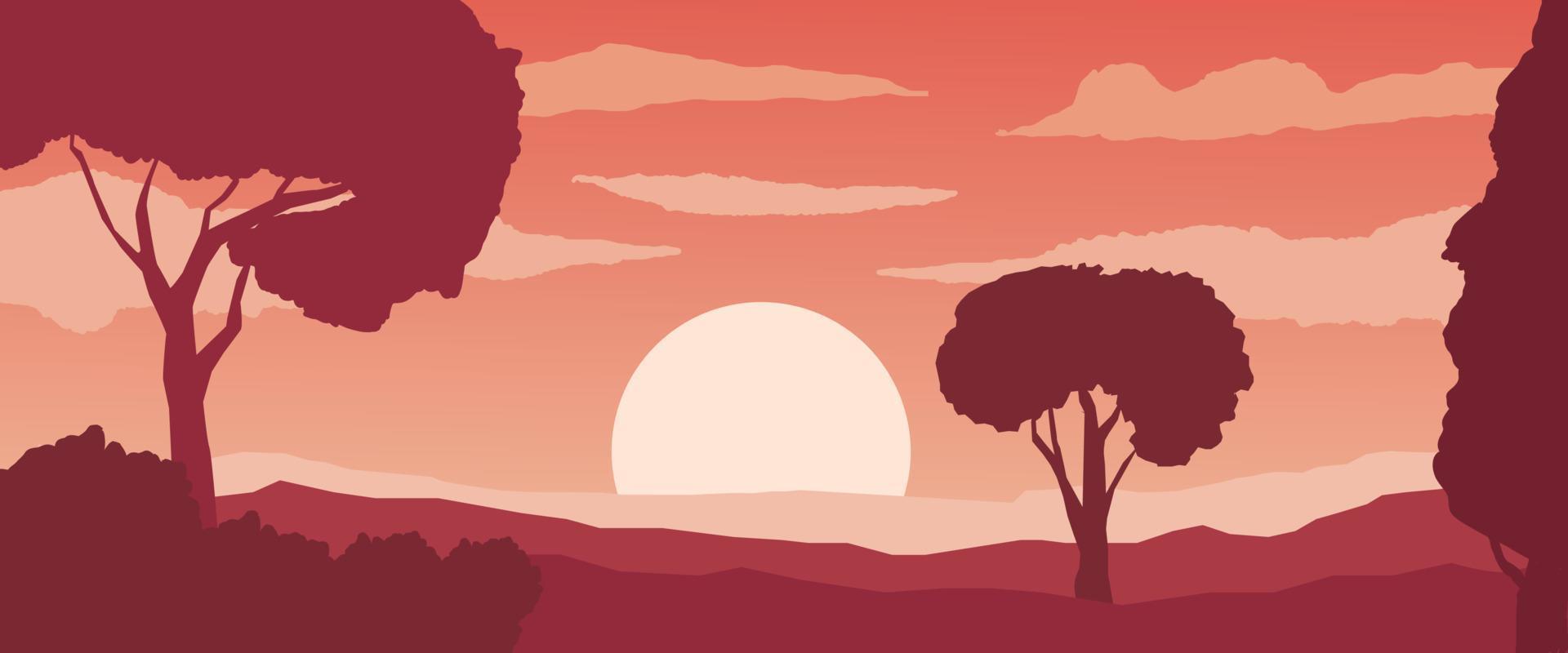 Tree silhouette beautiful evening natural scenery, dense trees in the forest, silhouette vector