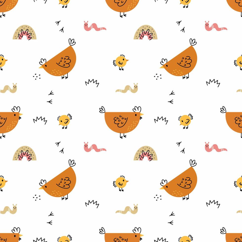 Chicken and chick. Seamless baby pattern. Inhabitants of  farm. Wallpaper for nursery. Background for printing on fabric and wrapping paper. vector