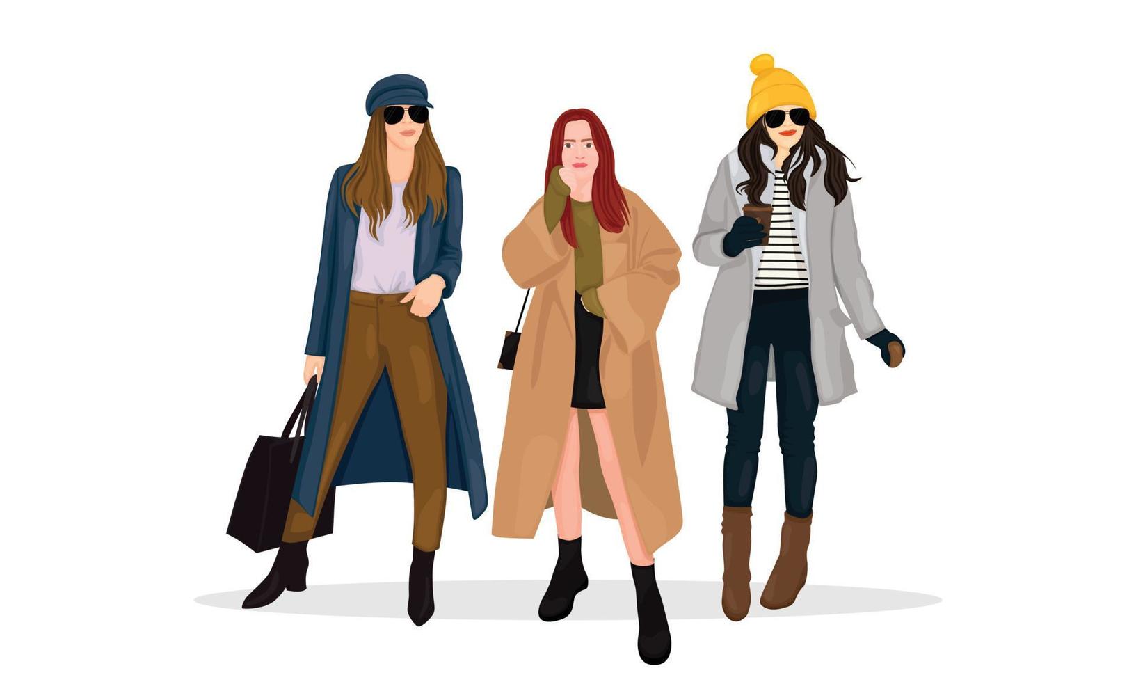In winter, young lady use brown coat and black boats with her friends. vector