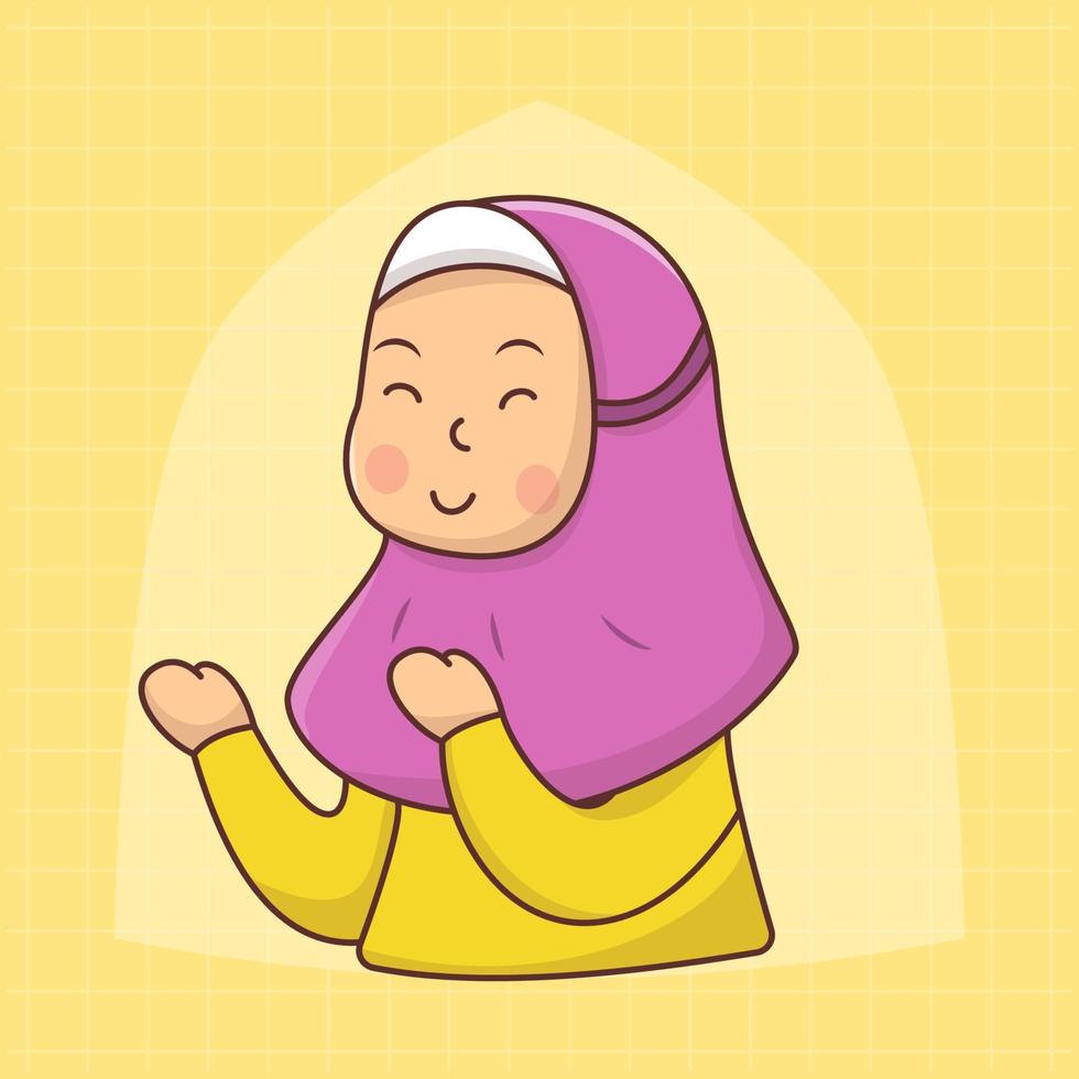 Cute girl Praying celebrating ramadan mubarak, eid mubarak cartoon vector illustration