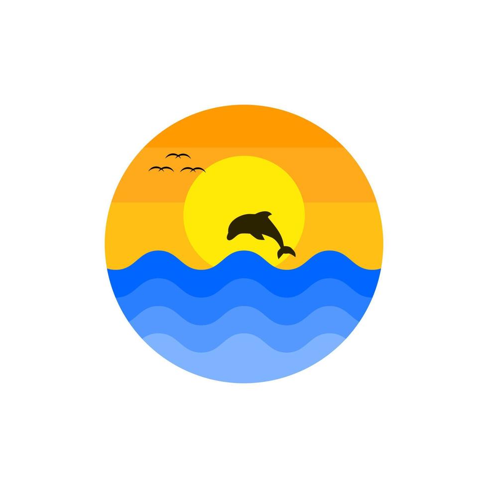 Abstract Vintage sun, sea and jumping dolphin logo. flat vector logo design.