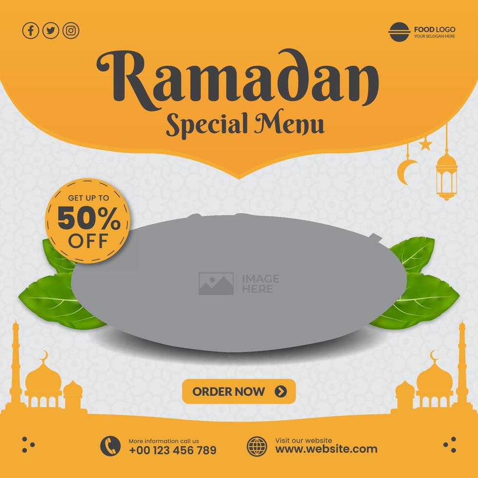 plantilla de publicación de redes sociales de comida y restaurante con tema de ramadán vector
