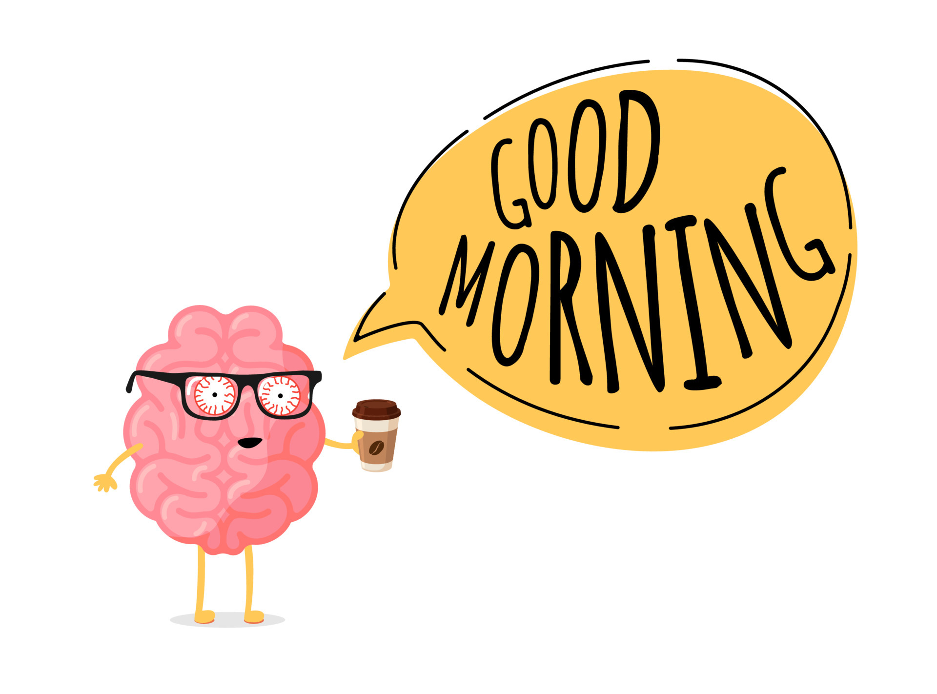 Good morning banner concept. Tired fatigue bad emotion cute cartoon human  brain character with hot coffee cup. Central nervous system organ wake up  bad monday funny poster. Vector eps illustration 6699248 Vector