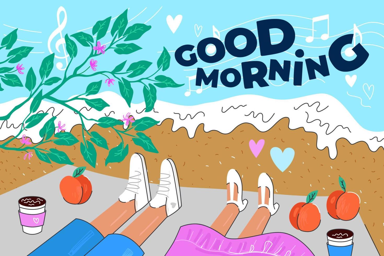 Good morning hand drawn poster. Couple lies on blanket on seashore. Romantic date on beach with music, peaches and coffee. Man and woman love banner. Relationship vector eps greeting card