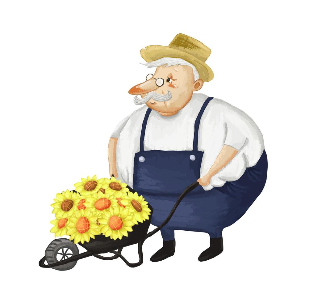 Gardener. Man with wheelbarrow. vector