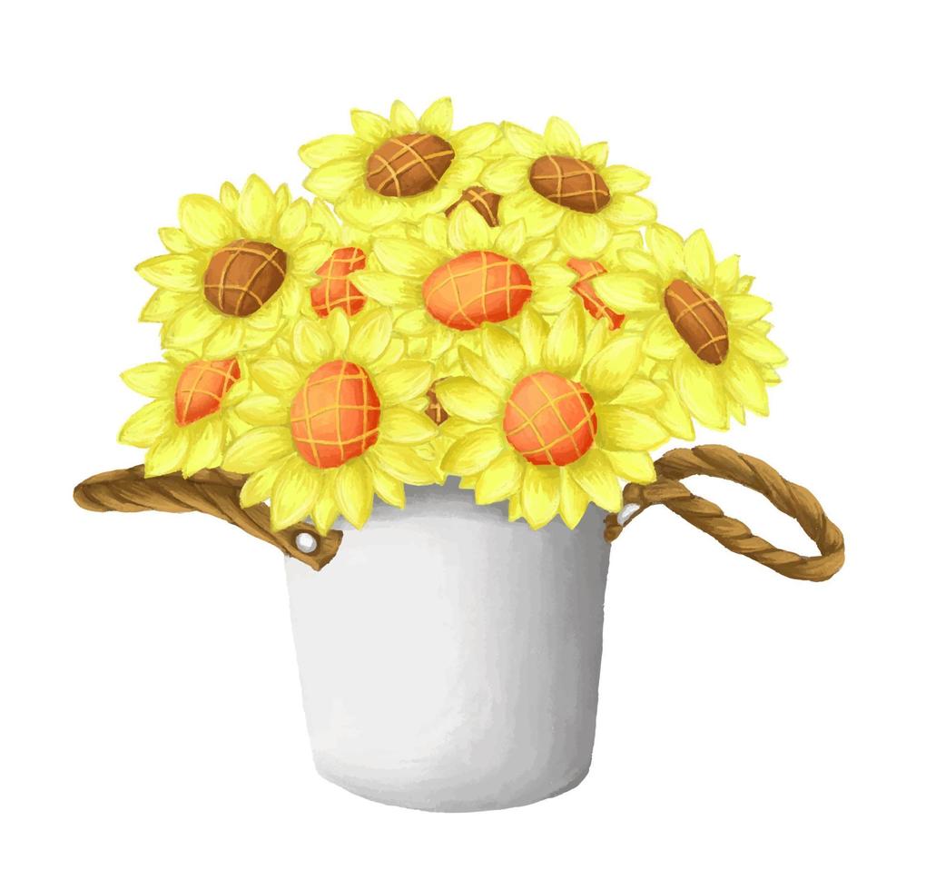 Bouquet of sunflowers in the plant pot. vector