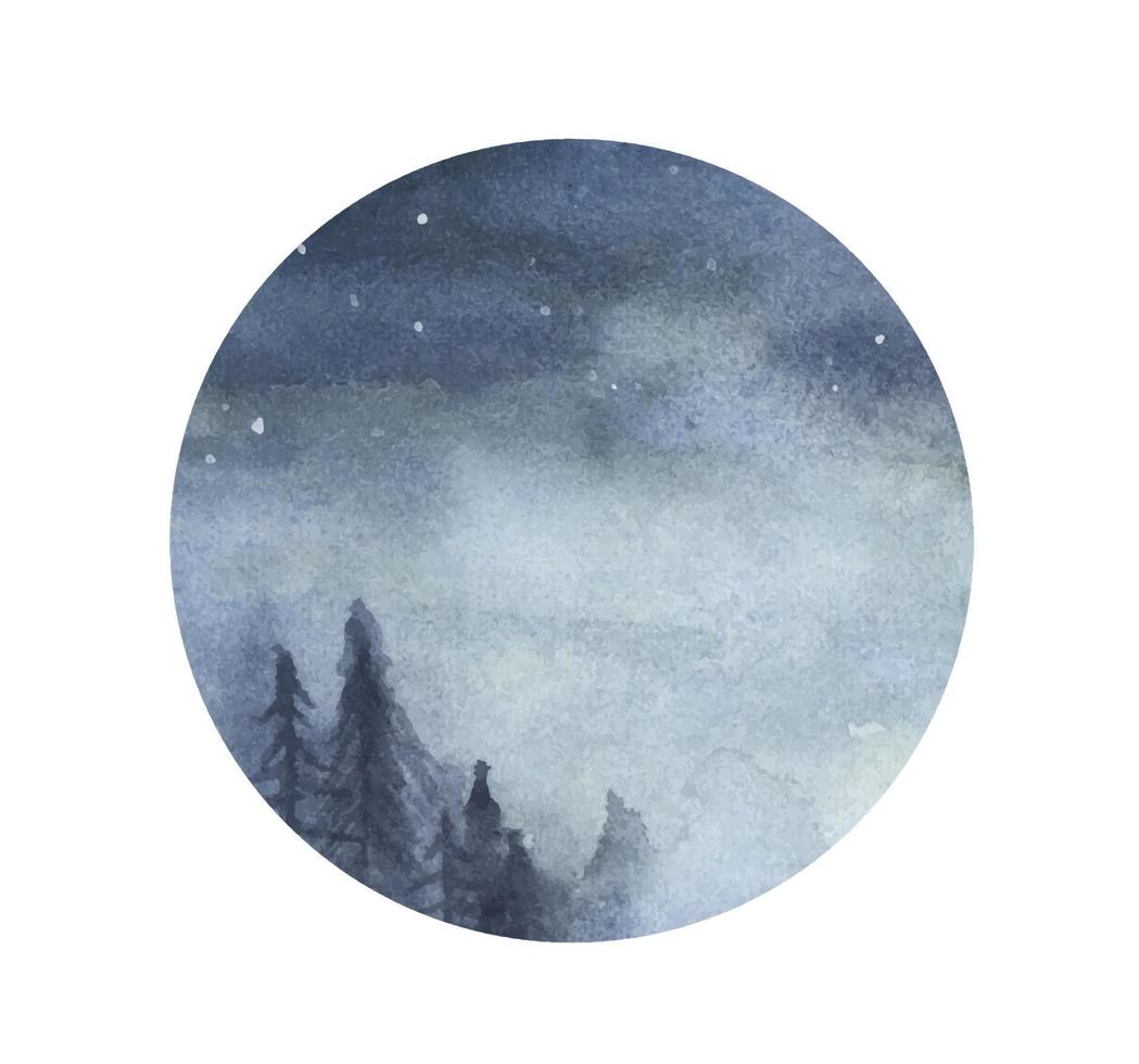 Peaceful spruce forest under night sky in circle. Watercolor illustration. vector