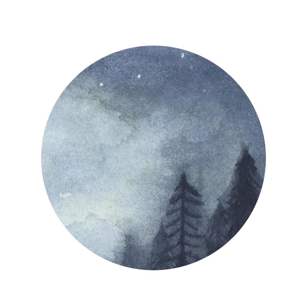 Peaceful spruce forest under night sky in circle. Watercolor illustration. vector