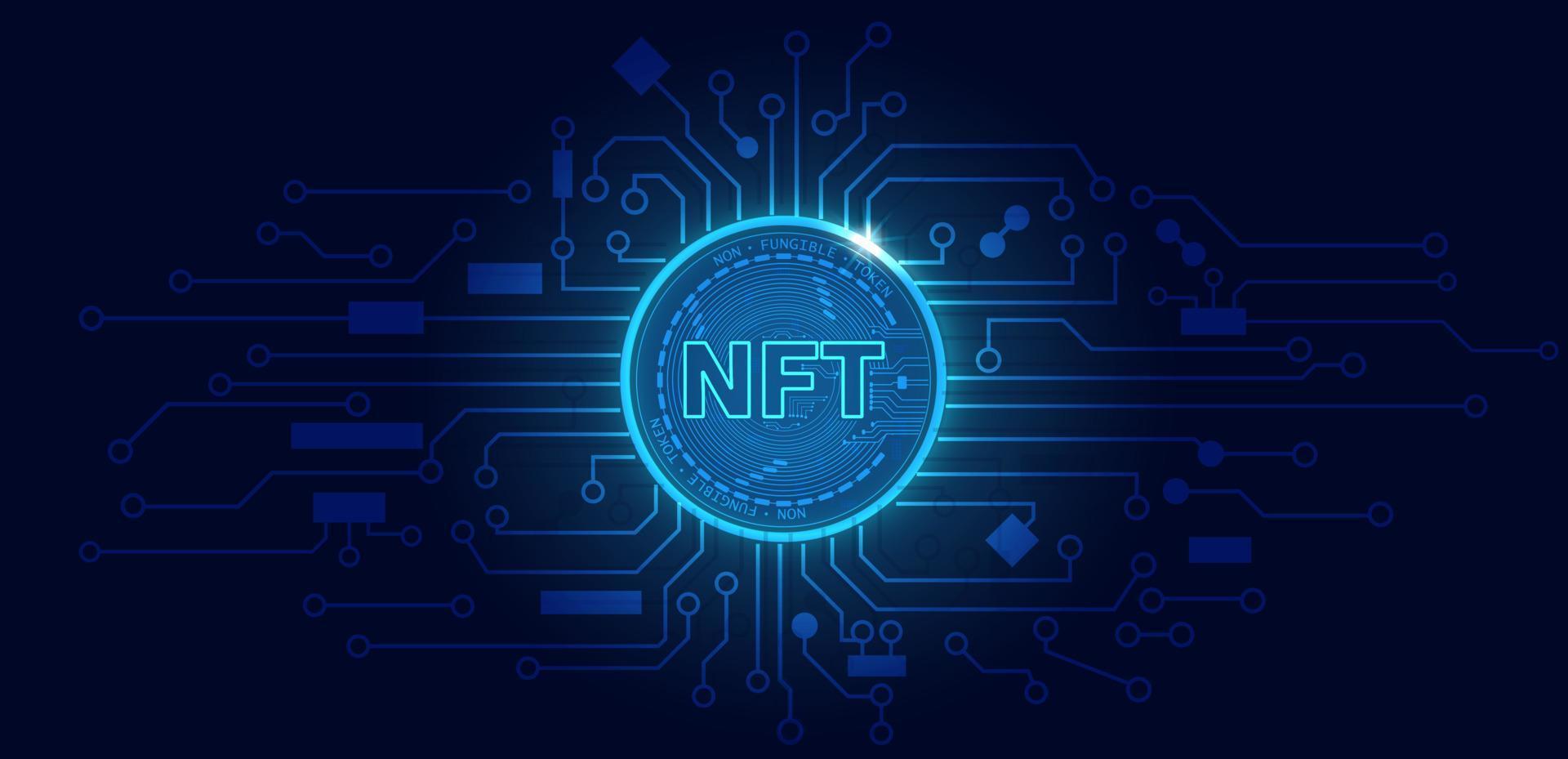 Non fungible token NFT.Technology background with circuit.NFT logo dark blue.Crypto currency concept. vector