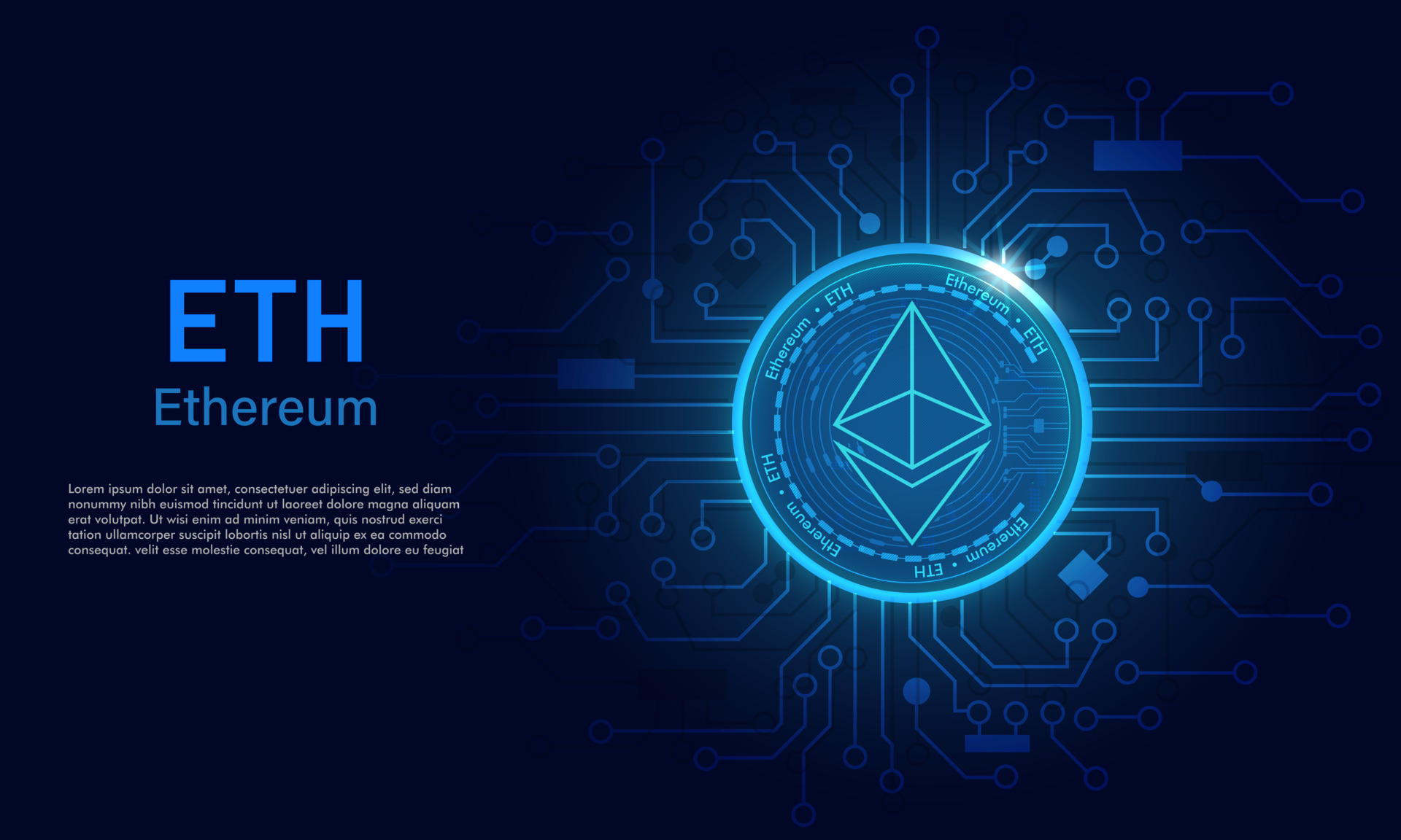 Ethereum ETH .Technology background with circuit.ETH logo dark blue