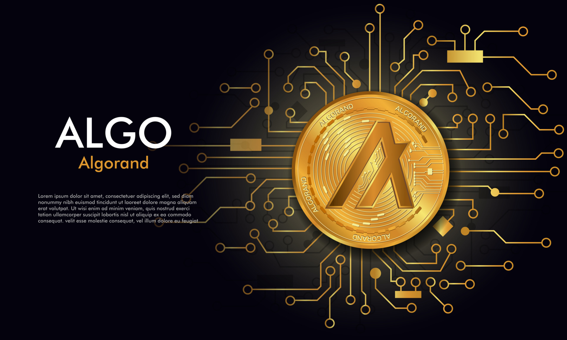 Algorand Algo gold coin.black background with circuit board.Algorand