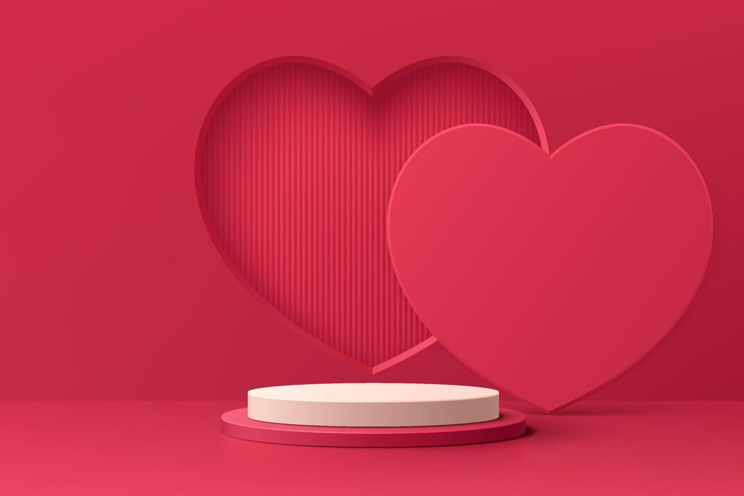 Realistic red and white 3D cylinder pedestal podium with window heart shape background. Valentine minimal scene for products stage showcase, Promotion display. Vector abstract studio room  platform.