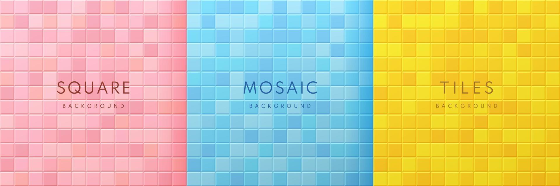 conjunto de diseño de patrón de mosaico de mosaico cuadrado 3d rosa, azul y amarillo. fondo geométrico con espacio para el diseño de su colección de texto. diseño de sala de estudio de escena de pared mínima pastel. ilustración vectorial vector