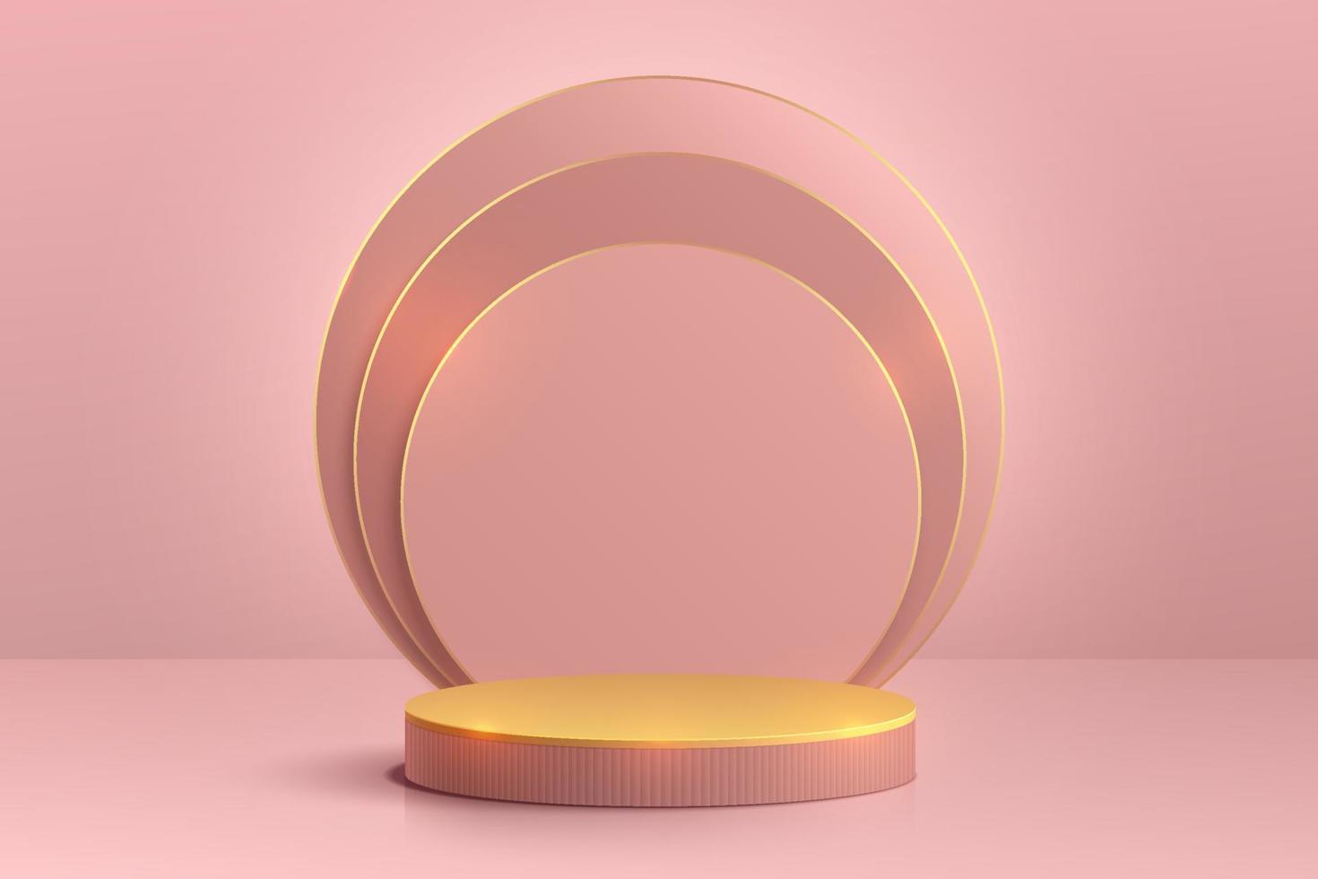 Realistic pink gold 3D cylinder pedestal podium with circle layers overlap backdrop. Luxury minimal scene for products stage showcase, promotion display. Vector geometric platform. Abstract room