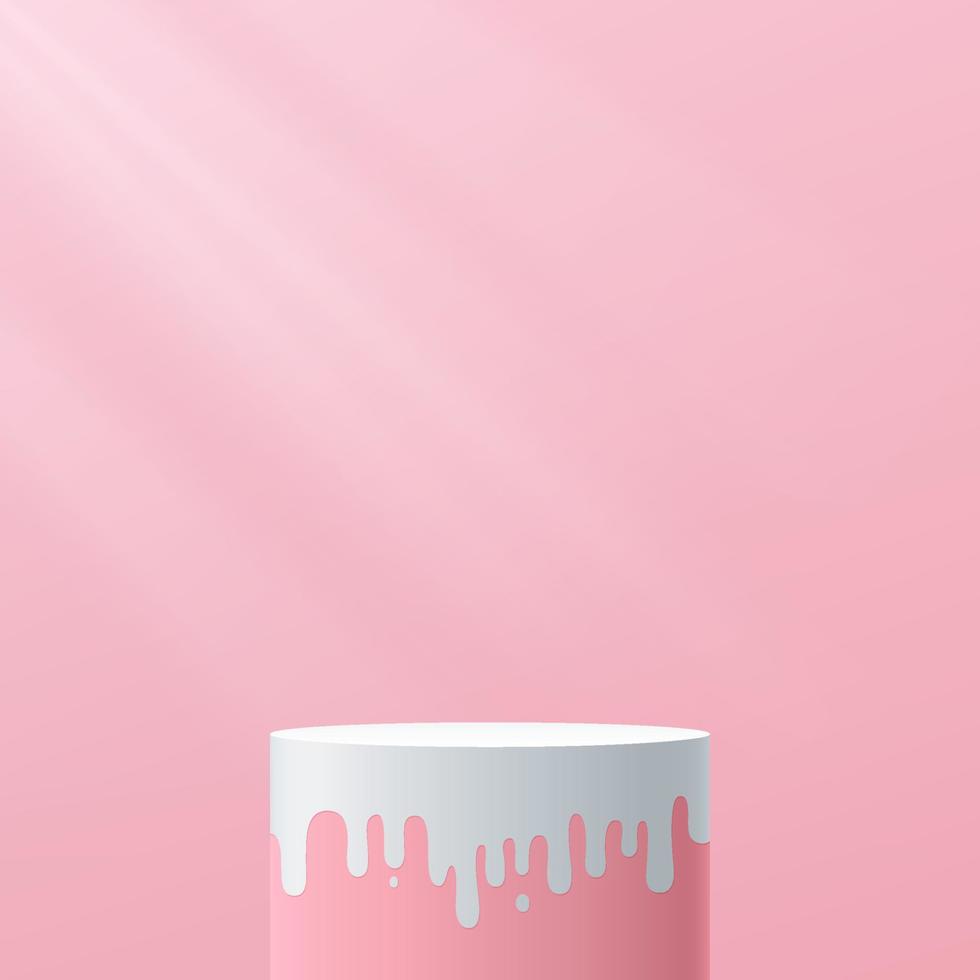 Sweet pink and white cylinder pedestal podium. Modern fluid shape platform. Bright pink minimal wall scene. Pastel color abstract room. Vector rendering 3d geometric shape for product presentation.