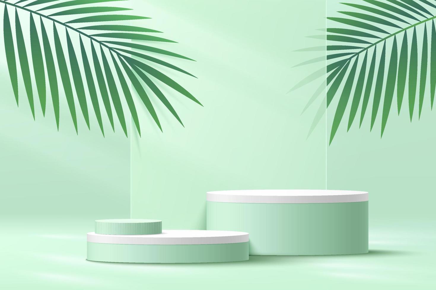 Abstract white cylinder pedestal podium, Light green empty platform with green palm leaf, geometric backdrop. Vector rendering 3d shape, Product display presentation. Pastel room minimal wall scene.